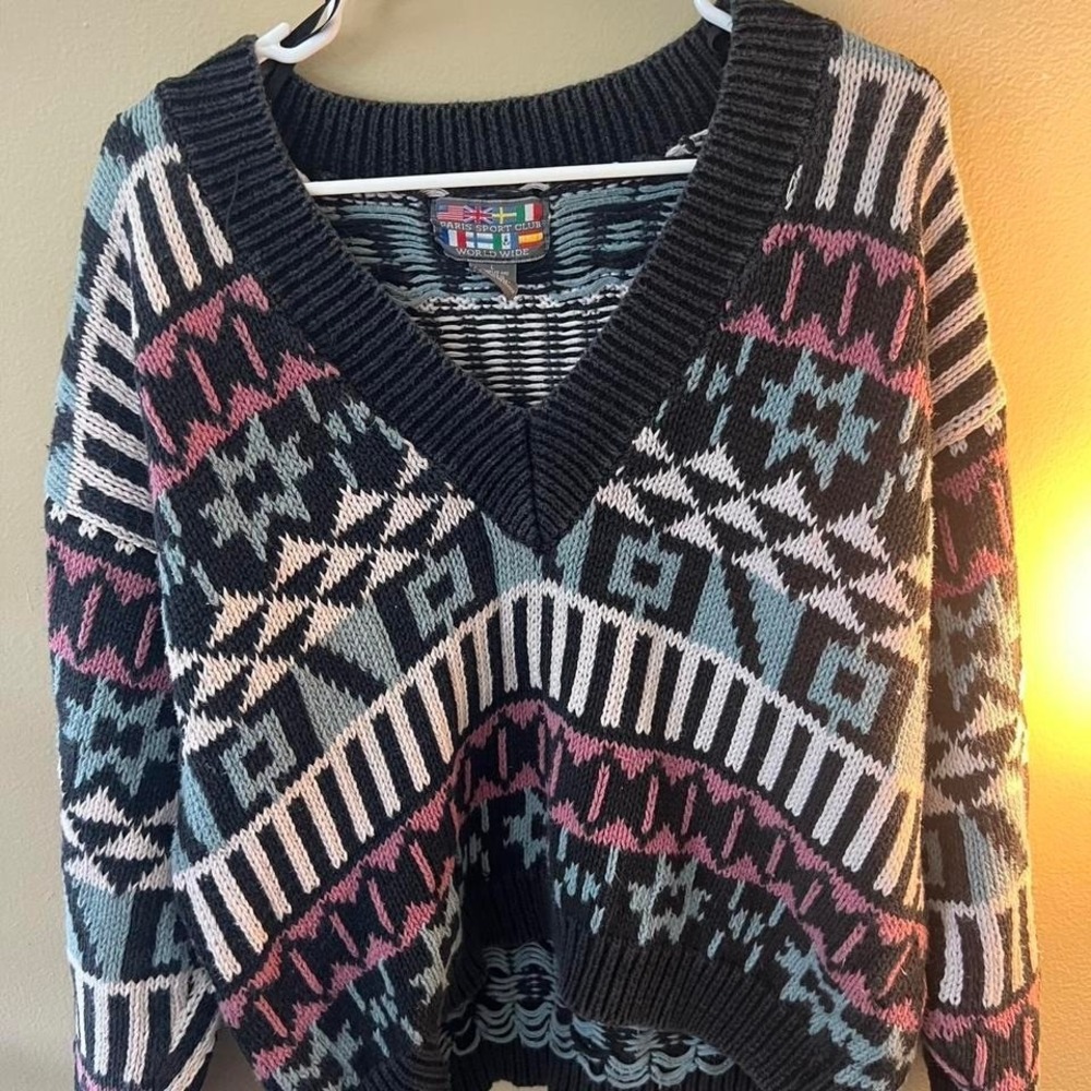 Paris‎ Sport Club Vintage Pattern Knit Sweater V Neck Colorful